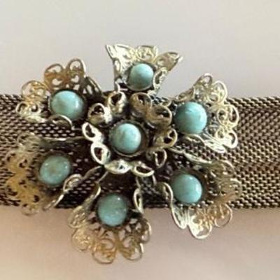 Antique Belt Buckle Blue Beads And Mesh Back