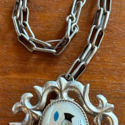Vintage Navajo Sand Cast Pendant With Carved Inlay Zuni BIrd And Handmade 18 Inch Chain - 42.09 Grams