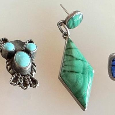 Pair Of Sterling Silver & Turquoise Owl Earrings - (2) Single Sterling Lapis And Malachite Earrings - 18.93 Gr