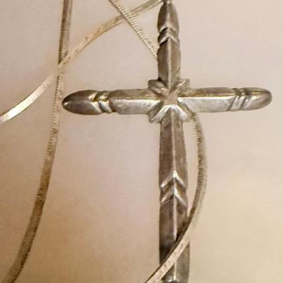 Vintage Sterling Silver Hand Stamped Cross And & 22 Inch Box Chain - 16.45 Grams