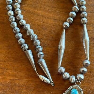 Antique Navajo Hand Made Sterling Silver Bead 26 Inch Necklace With 5 Stone Turquoise Pendant - 35.43 Grams