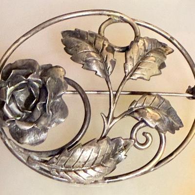 Vintage Bauring Sterling Silver Rose Pin - Total Weight 14.75 Grams
