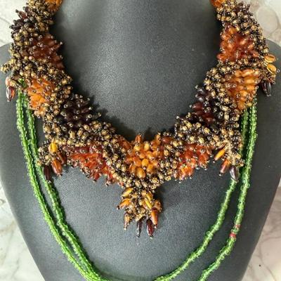 Antique Baltic Cognac & Cherry Amber Bead Collar 16 Inch Bead Necklace & 46 Inch Green Glass Bead Necklace