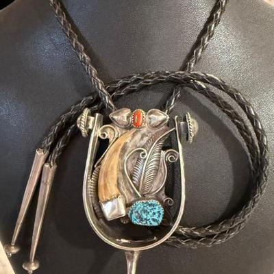 Vintage Navajo Bennett Sterling Silver, Turquoise & Coral Horse Shoe Leather Braided 40 Inch Bolo Tie - 58 Grm