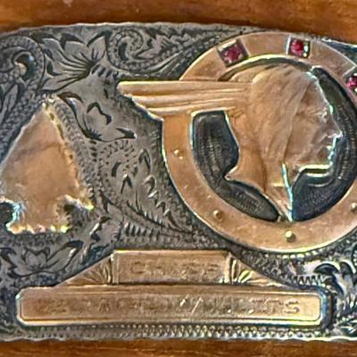 1950's Pontiac Parts Manager Award Buckle Sterling Silver & Gold Filled W 3 Rubies - Weight - 39.61 Grams