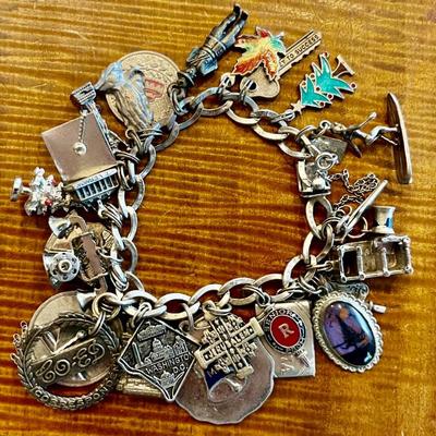 Wells Vintage Sterling Silver 7.25" Charm Bracelet With Assorted Sterling And Enamel Charms - 100 Grams