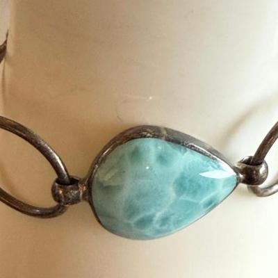 Vintage Sterling Silver And Larimar Tear Drop Pendant 7 Inch Bracelet - 20.07 Grams