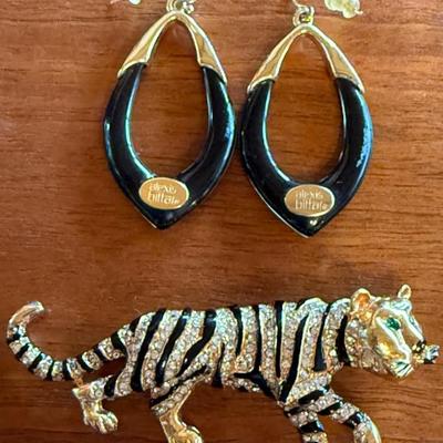 Pair Of Alexis Bittar Statement Earrings And Vintage Enamel Tiger Brooch