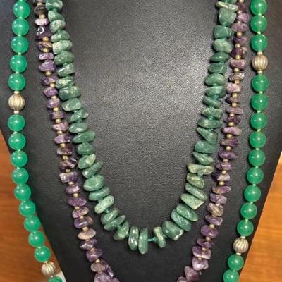 (3) Stone Necklaces Amethyst Chip Bead, Aventurine Chip Bead, Green Round Stone Bead