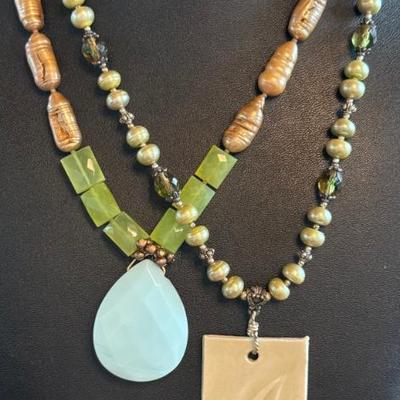 (2) Vintage Designer Statement Necklaces - David Aubrey Fresh Water Pearl & LSK Porcelain, Pearl & Stone