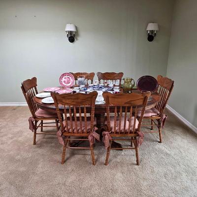 Sale Photo Thumbnail #7: Vintage French country solid oak dining set with table and chairs
