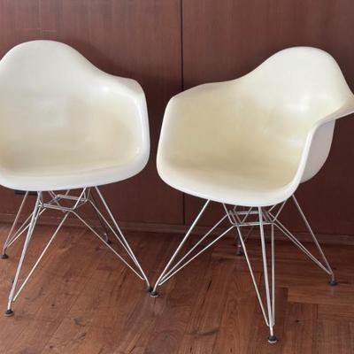 Pair of Eames Molded  Armchairs by Vitra with Eiffel Tower Base