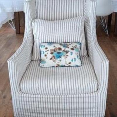 Lee Industries Slipcovered Armchair with Striped Fabric and Decorative Pillow