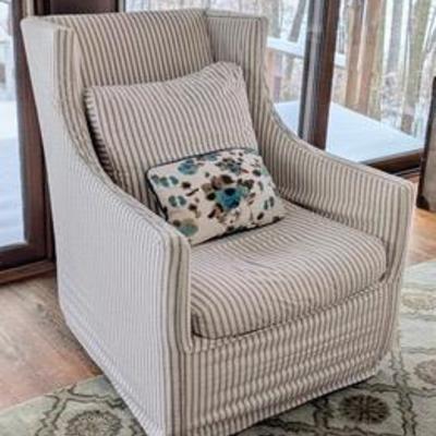 Lee Industries Slipcovered Armchair with Striped Fabric and Decorative Pillow