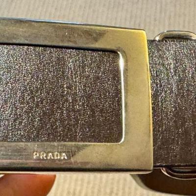 Prada Black Leather Belt with Rectangular Silver Buckle