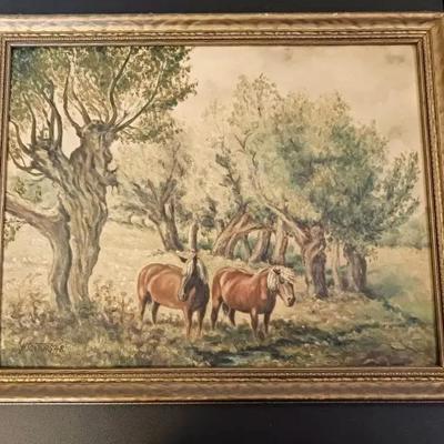 1948 Horses In Forest Signed Oil Painting 