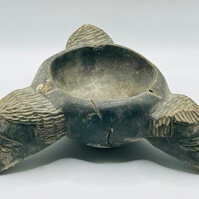 Vintage Three-Headed Hand-Carved Wooden African Tribal Art Bowl