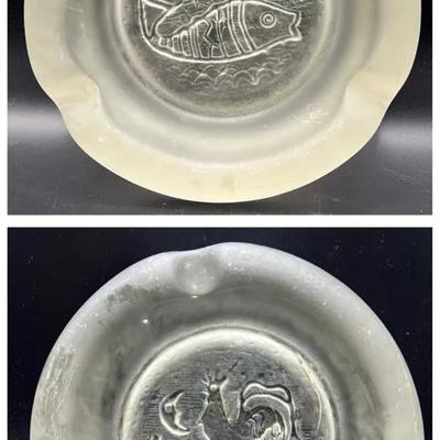 (2) Heavy Glass Ashtrays — Fish, Rooster