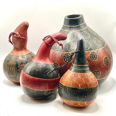 (4) Decorative Handcrafted Kenyan African Gourds — Rattles & Vessel