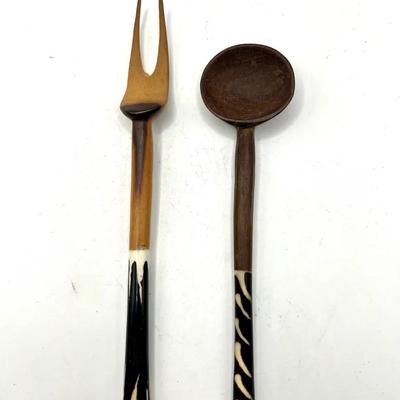 Hand-Carved African Olive Wood Salad Servers with Batik Cow Bone Inlay Glowing in Ultraviolet Light