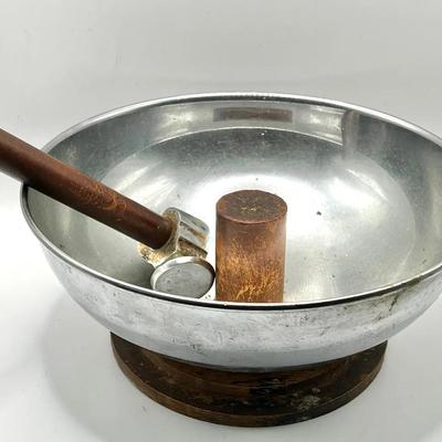 Vintage Mid Century Pedestal Stainless Nut Bowl Wood Anvil & Wood Mallet Hammer