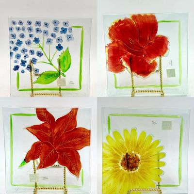 Fifth Avenue (4) 7” Handpainted Mouthblown Glass Square Plates 