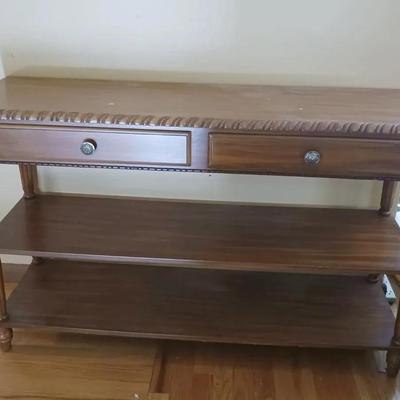 Wooden Sofa Table with Shelves & Drawers