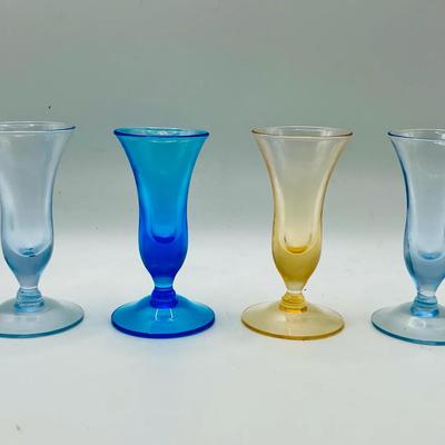 (4) Mid-Century Depression Glass Cordials including Ultraviolet Glow