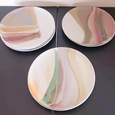Set of (7) Bonnema Potters Colorful Handmade 10 5/8” Dinner Plates