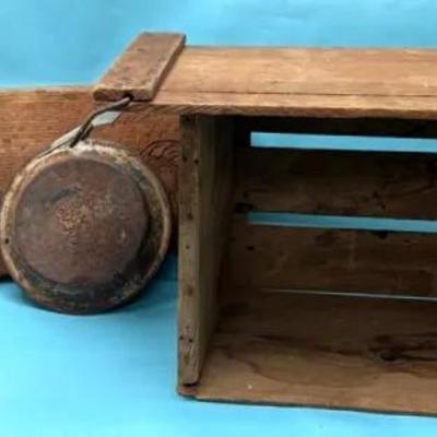 Rustic Wooden Crate, Cast Iron Lids and Large Wooden Lid 