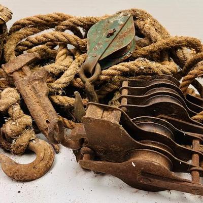 Rustic Industrial Tools- Pulleys, Hooks, Rope and Ornate Pedestal