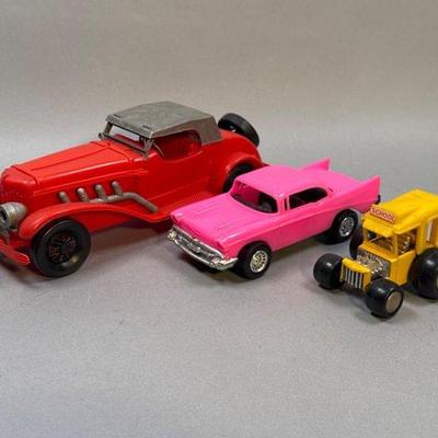 MPC roadster, Tootsie Toy 1957 Chevy, Buddy L Monster School Bus