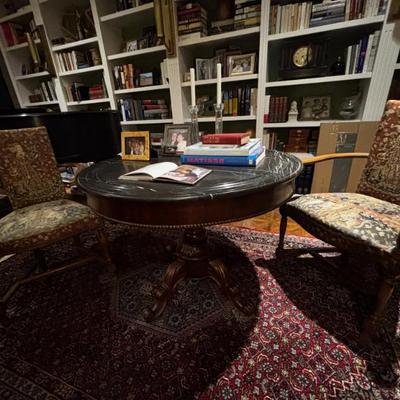 Pair of Louis Philippe needlepoint chairs and pedestal marble top table
