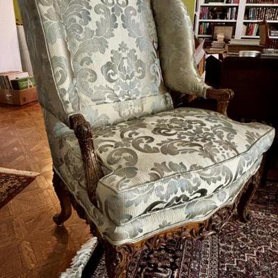 Pair of French Regence bergere chairs, carved walnut