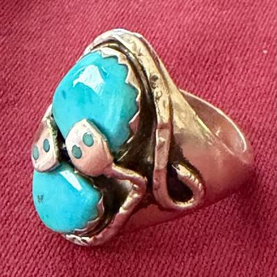 Effie Calavasa Zuni Kingman Turquoise Snake Ring, sz 11