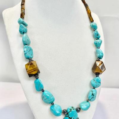 Native American Sterling, Tiger’s Eye, Hematite, And Turquoise Necklace 21”
