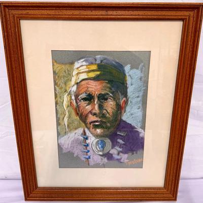 Original 1974 Pastel Chalk Drawing of Native American Elder by Taglier