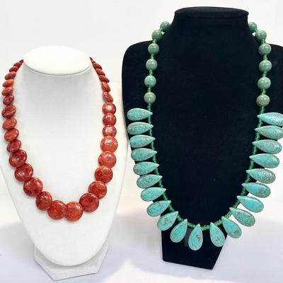 Overlapping Coin-Style Coral Bead Necklace w/Turquoise Squash Blossom Style Necklace