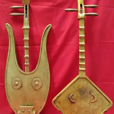 (2) Mid-Mod Gilded String Instruments - Decorative Folk Art