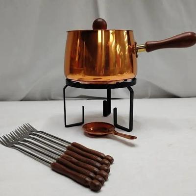 Vintage Copper Fondue Set with Wood Handles - 9 Piece Kit