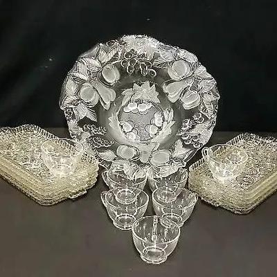 Large Frosted Floral Bowl & Anchor Hocking Snack Plates and Cups