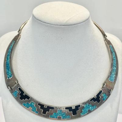 Rare Vintage Mexican Turquoise & Onyx Inlay Choker Necklace 
