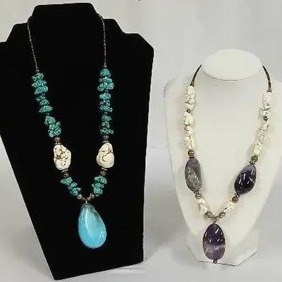 Native American Necklace Duo - Sterling, Turquoise, Amethyst and Magasite 