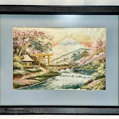 Vintage Japanese Silk Embroidery - Landscape Scene Mount Fuji
