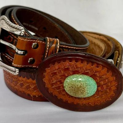 (2) Hand Tooled Leather 36/38 Western Belts w/Tuquoise Accent