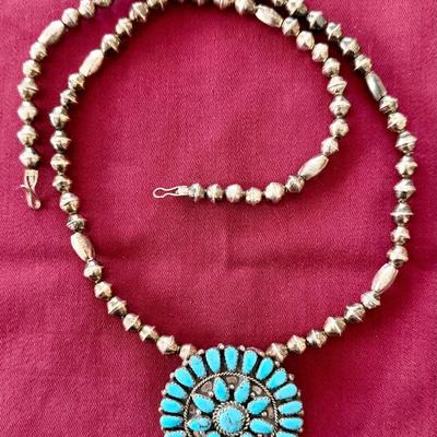 Vintage Sterling & Turquoise Cluster Necklace – Large Round Pendant, 25” Navajo-Style Beaded Chain