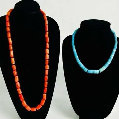 Graduated Turquoise Heishi Bead & Sea Coral Beaded Necklaces 