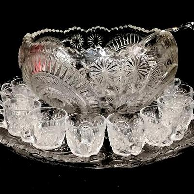 Vintage EAPG Punch Bowl Set - Pinwheel & Star Pattern - 15 Pieces with Ladle