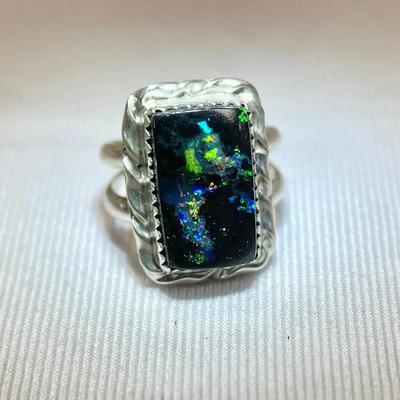 Sterling Silver Black Opal Ring Size 2.5
