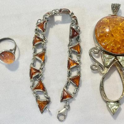 Sterling Silver And Amber Pendant, Bracelet And Ring Size 6.5